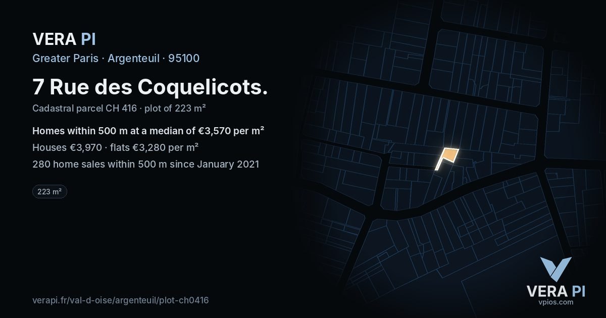 7 Rue des Coquelicots, Argenteuil at night – the plot lit, the parcels around coloured by the prices near them