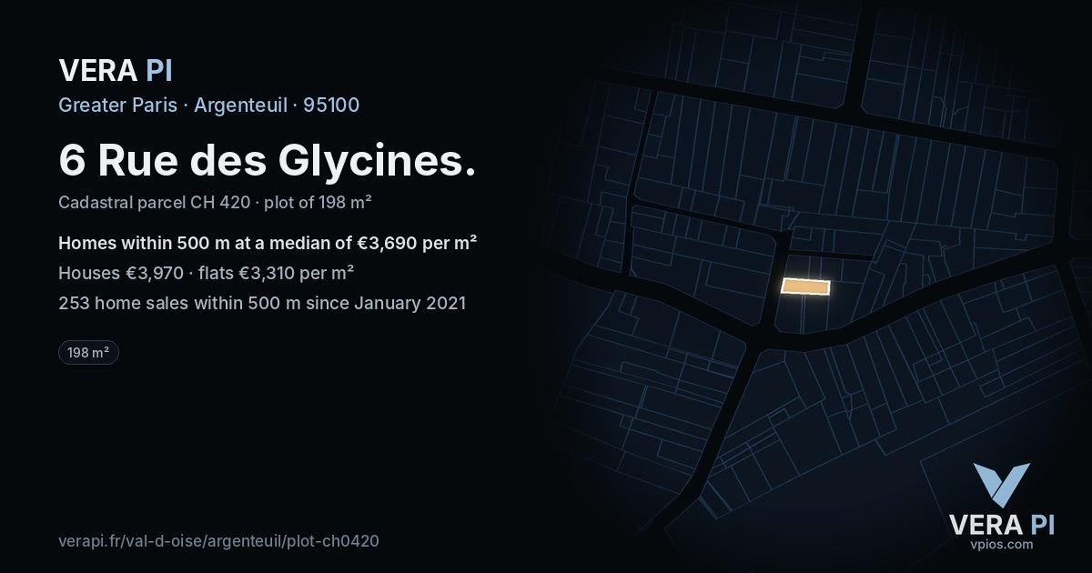 6 Rue des Glycines, Argenteuil at night – the plot lit, the parcels around coloured by the prices near them