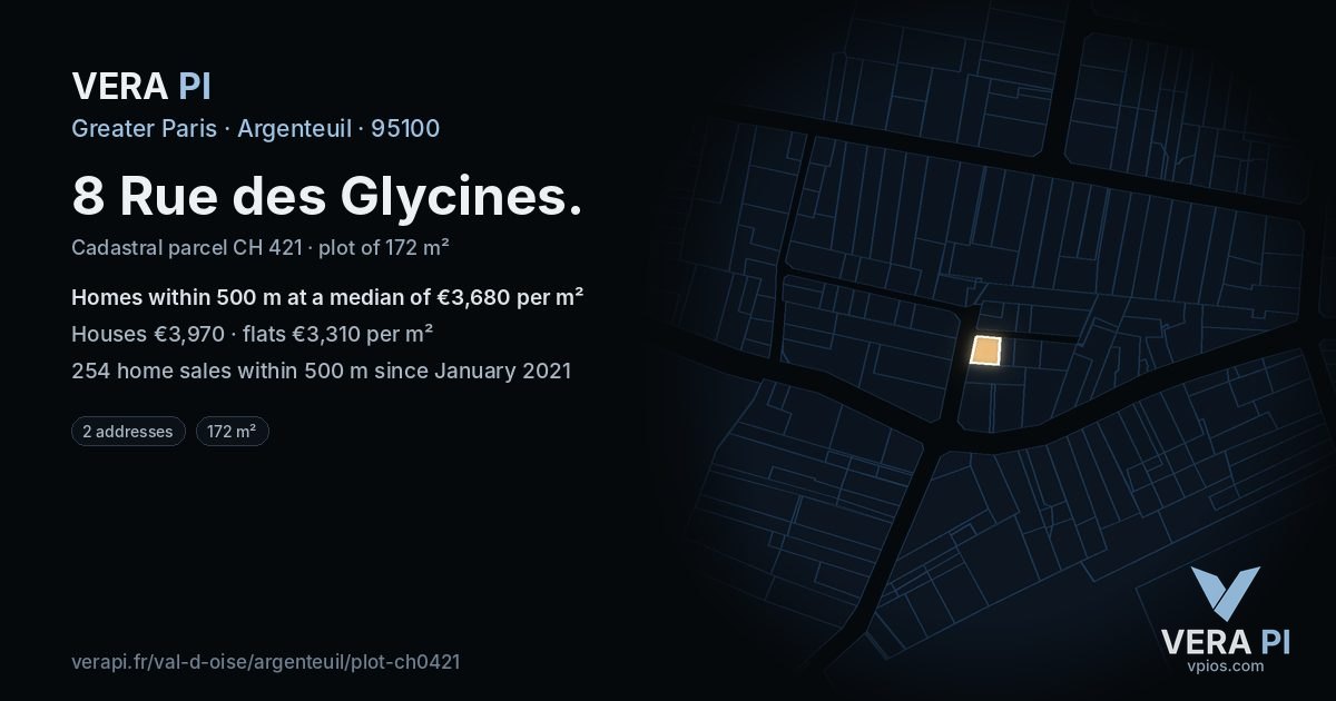 8 Rue des Glycines, Argenteuil at night – the plot lit, the parcels around coloured by the prices near them