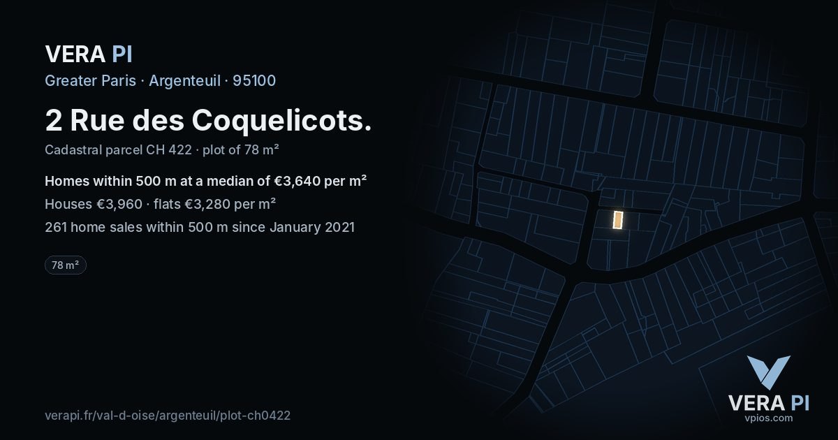 2 Rue des Coquelicots, Argenteuil at night – the plot lit, the parcels around coloured by the prices near them
