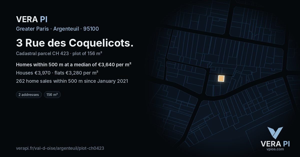 3 Rue des Coquelicots, Argenteuil at night – the plot lit, the parcels around coloured by the prices near them