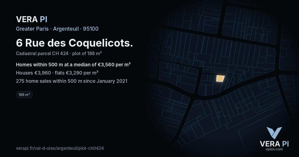 6 Rue des Coquelicots, Argenteuil at night – the plot lit, the parcels around coloured by the prices near them