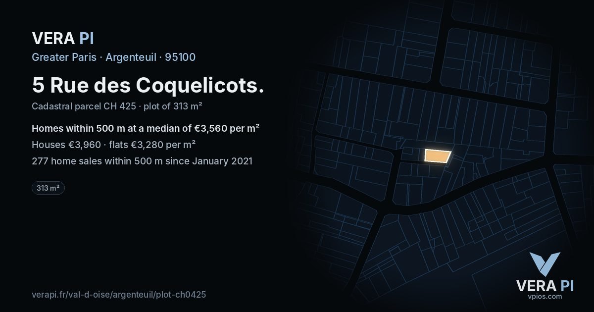 5 Rue des Coquelicots, Argenteuil at night – the plot lit, the parcels around coloured by the prices near them