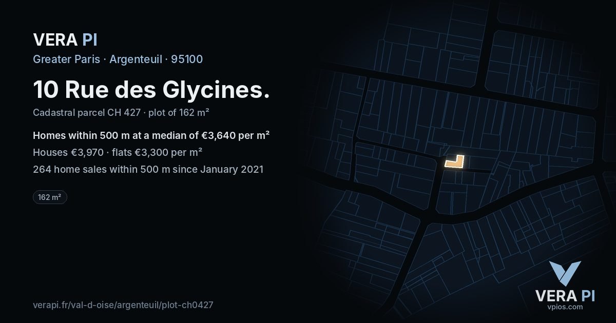 10 Rue des Glycines, Argenteuil at night – the plot lit, the parcels around coloured by the prices near them
