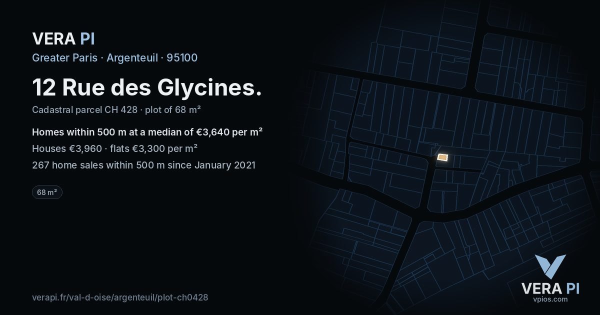 12 Rue des Glycines, Argenteuil at night – the plot lit, the parcels around coloured by the prices near them