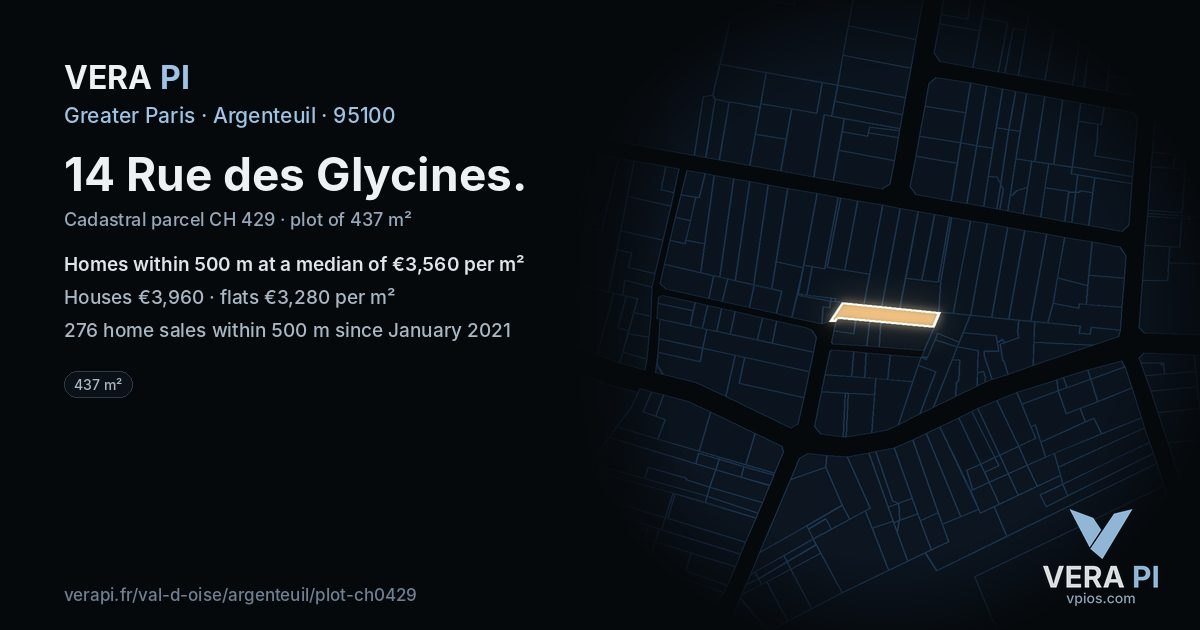 14 Rue des Glycines, Argenteuil at night – the plot lit, the parcels around coloured by the prices near them