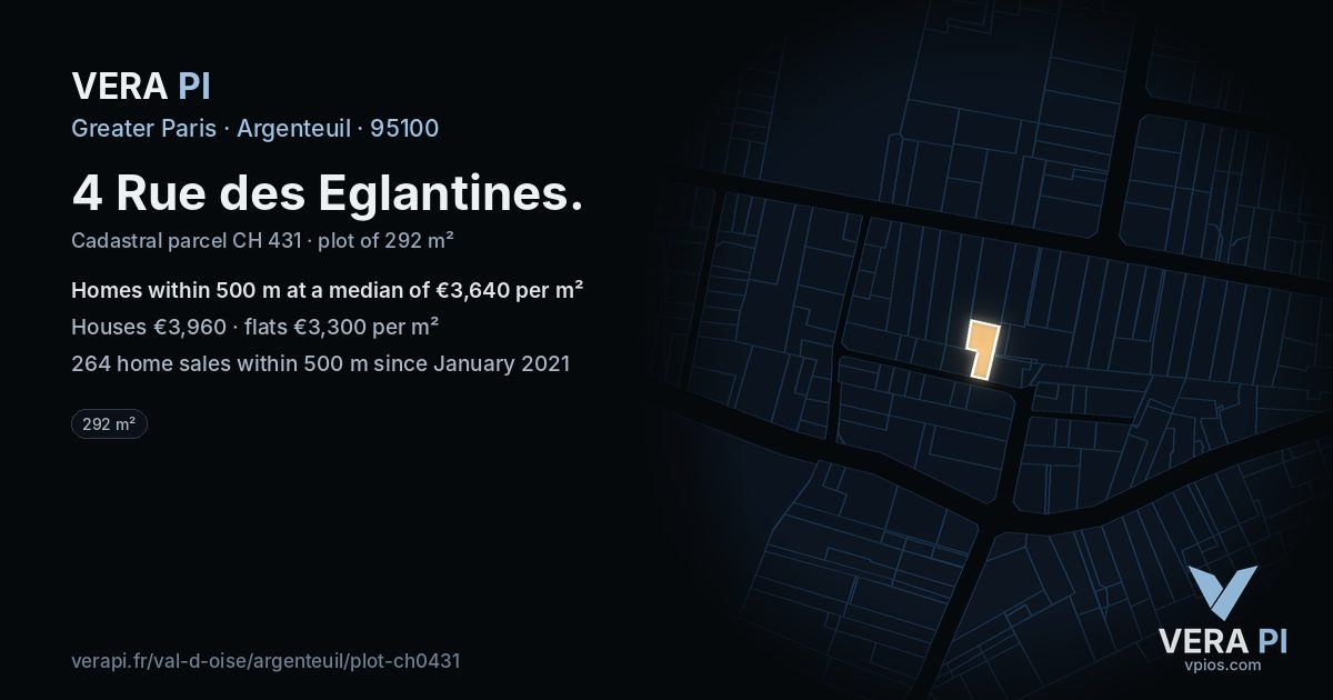 4 Rue des Eglantines, Argenteuil at night – the plot lit, the parcels around coloured by the prices near them