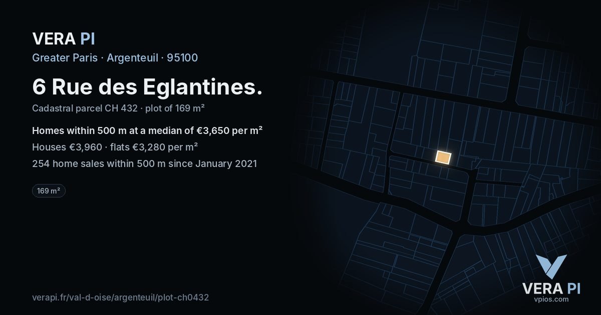 6 Rue des Eglantines, Argenteuil at night – the plot lit, the parcels around coloured by the prices near them