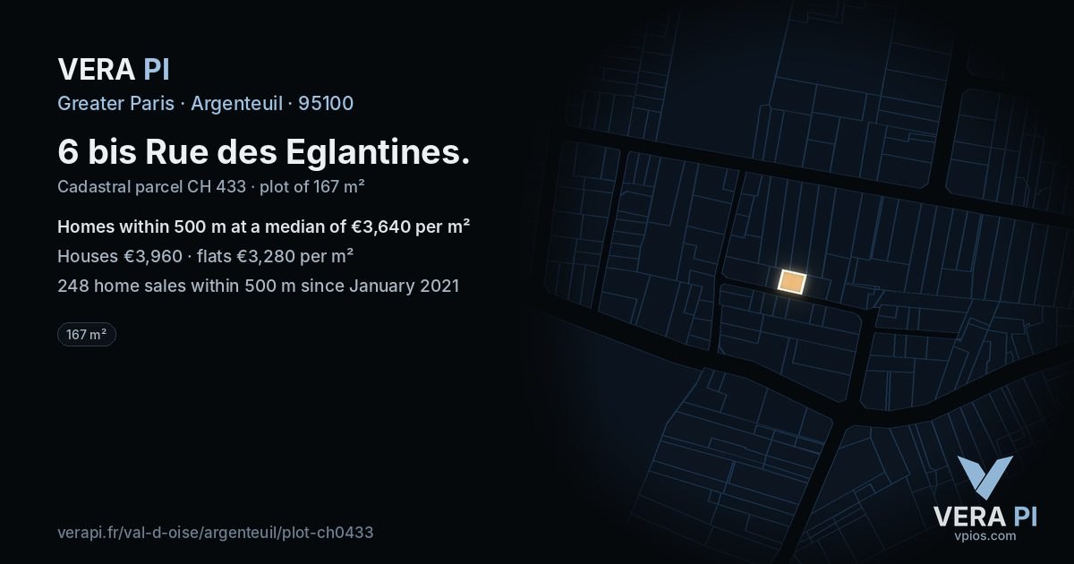 6 bis Rue des Eglantines, Argenteuil at night – the plot lit, the parcels around coloured by the prices near them