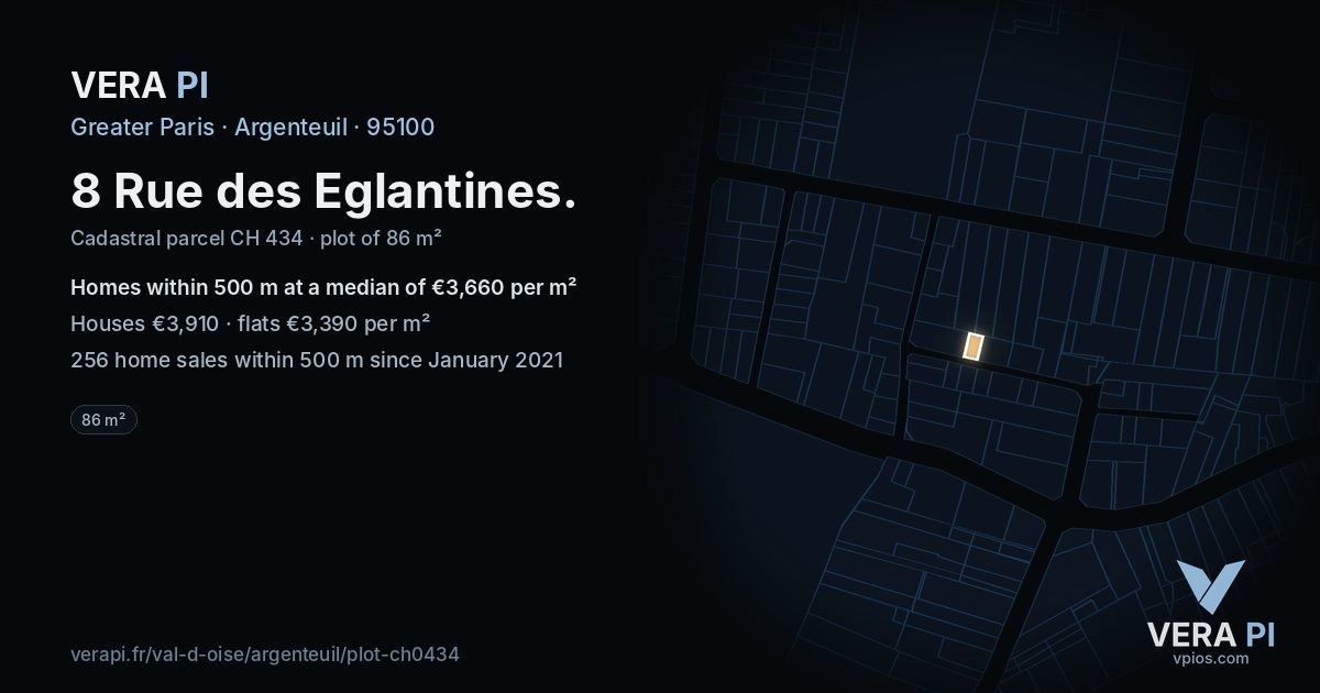 8 Rue des Eglantines, Argenteuil at night – the plot lit, the parcels around coloured by the prices near them