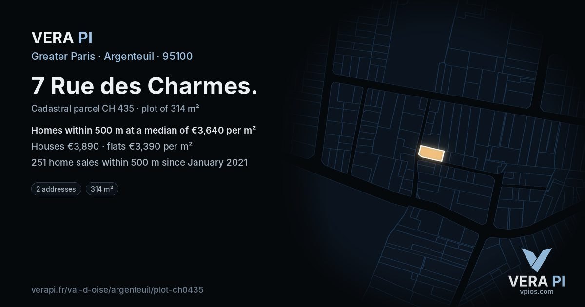 7 Rue des Charmes, Argenteuil at night – the plot lit, the parcels around coloured by the prices near them