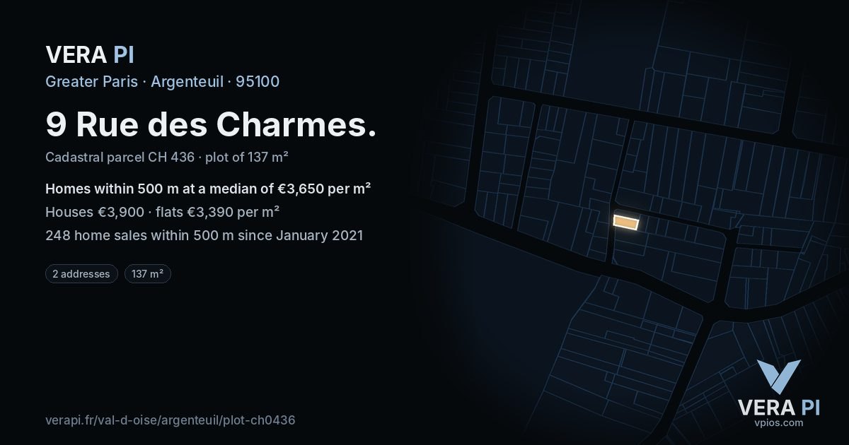 9 Rue des Charmes, Argenteuil at night – the plot lit, the parcels around coloured by the prices near them