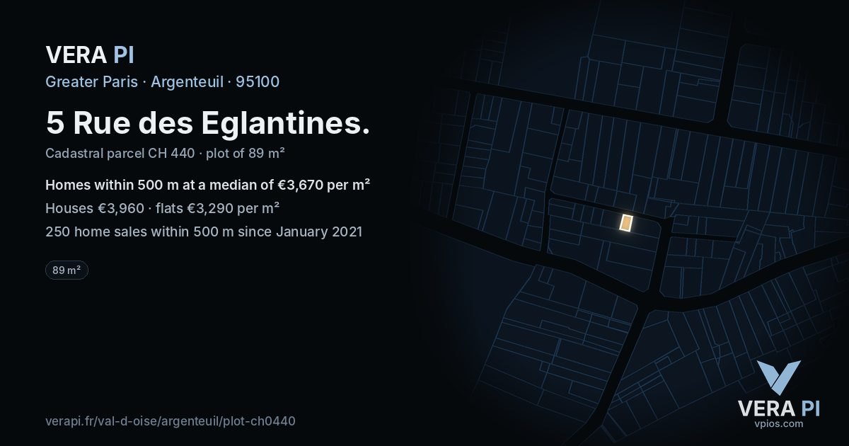 5 Rue des Eglantines, Argenteuil at night – the plot lit, the parcels around coloured by the prices near them