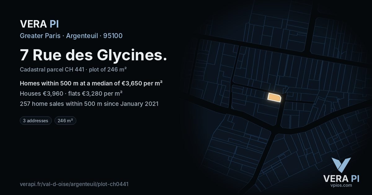 7 Rue des Glycines, Argenteuil at night – the plot lit, the parcels around coloured by the prices near them
