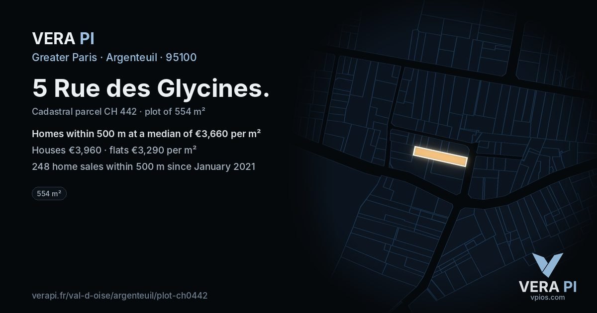 5 Rue des Glycines, Argenteuil at night – the plot lit, the parcels around coloured by the prices near them