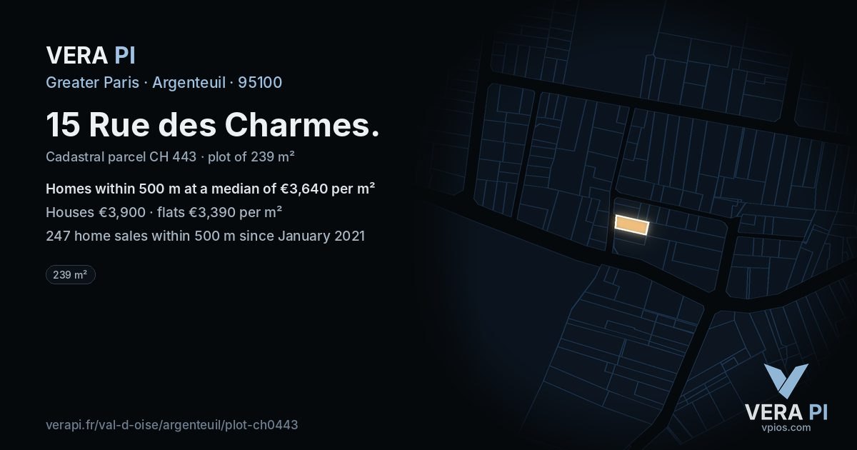 15 Rue des Charmes, Argenteuil at night – the plot lit, the parcels around coloured by the prices near them