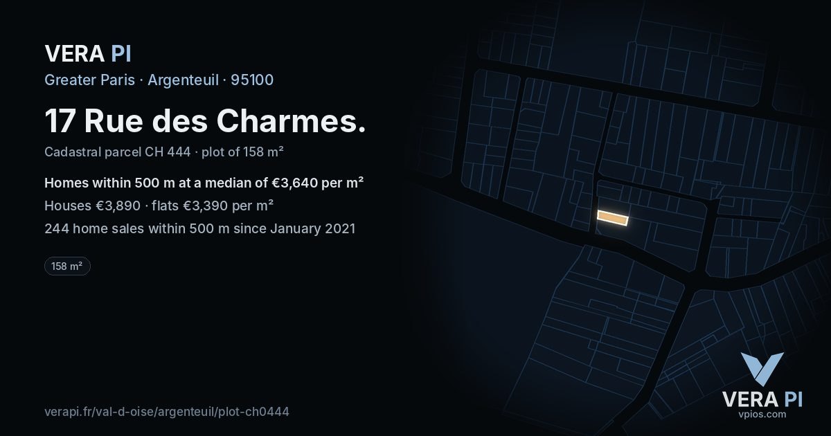 17 Rue des Charmes, Argenteuil at night – the plot lit, the parcels around coloured by the prices near them