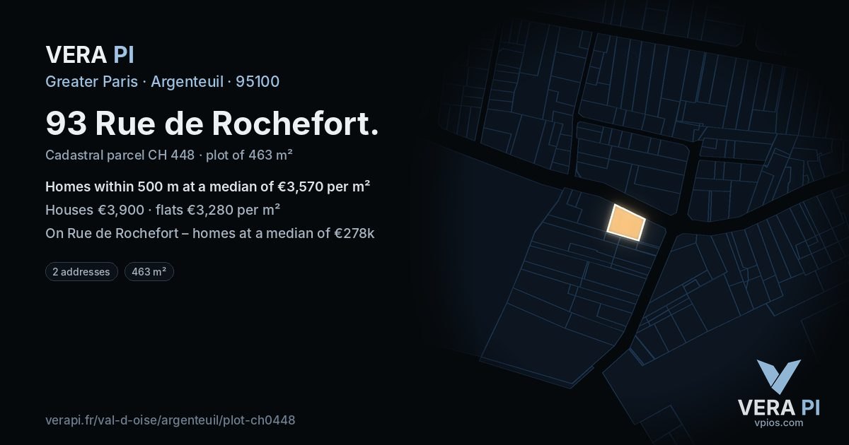 93 Rue de Rochefort, Argenteuil at night – the plot lit, the parcels around coloured by the prices near them