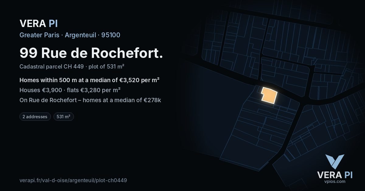 99 Rue de Rochefort, Argenteuil at night – the plot lit, the parcels around coloured by the prices near them