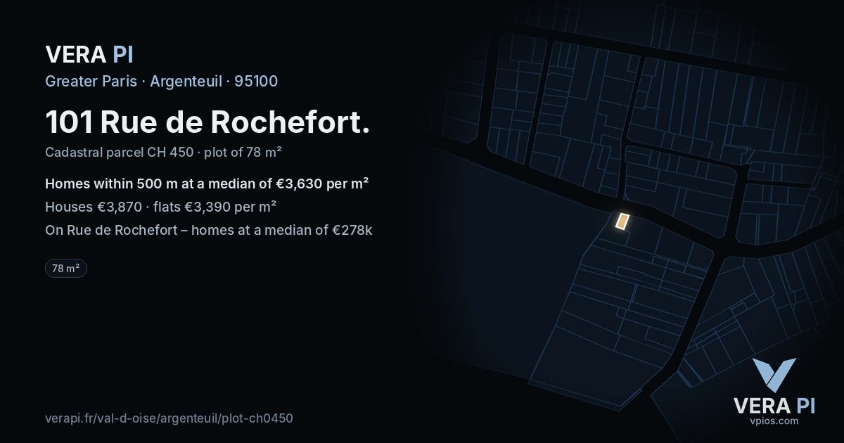 101 Rue de Rochefort, Argenteuil at night – the plot lit, the parcels around coloured by the prices near them
