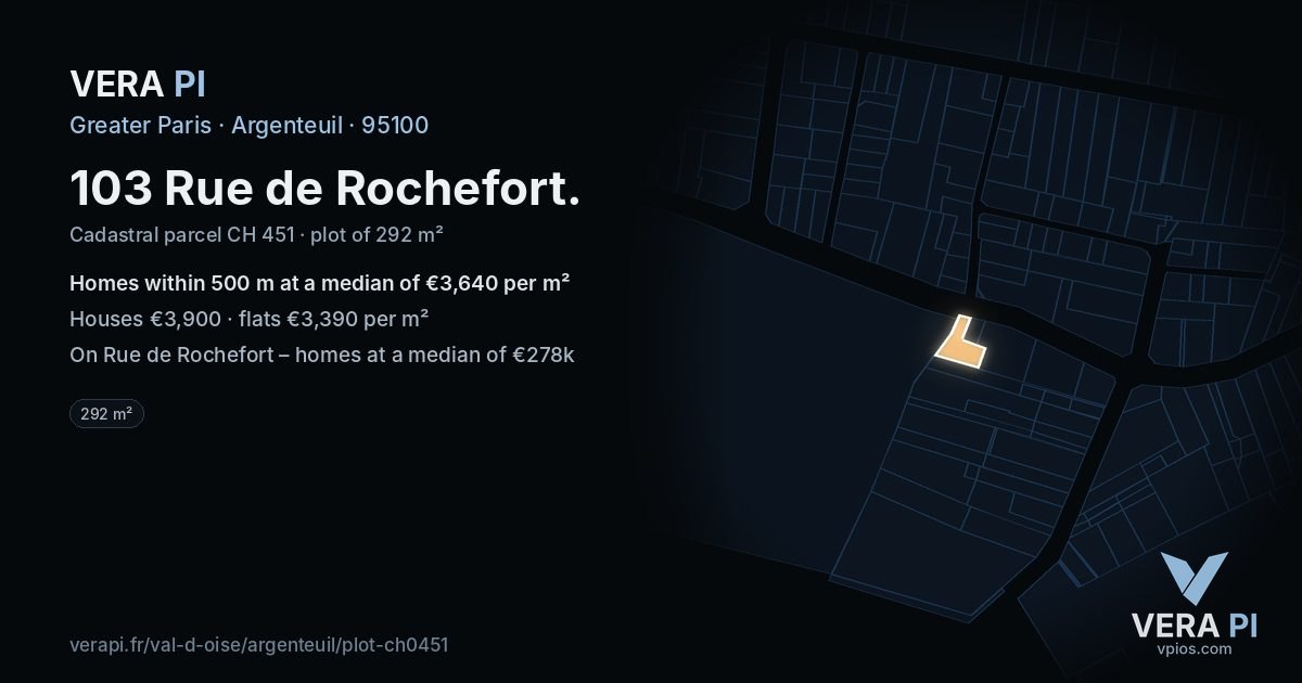 103 Rue de Rochefort, Argenteuil at night – the plot lit, the parcels around coloured by the prices near them
