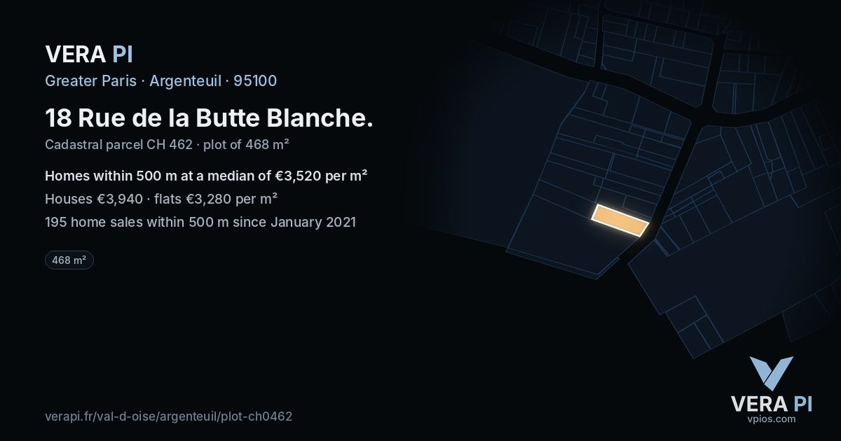 18 Rue de la Butte Blanche, Argenteuil at night – the plot lit, the parcels around coloured by the prices near them