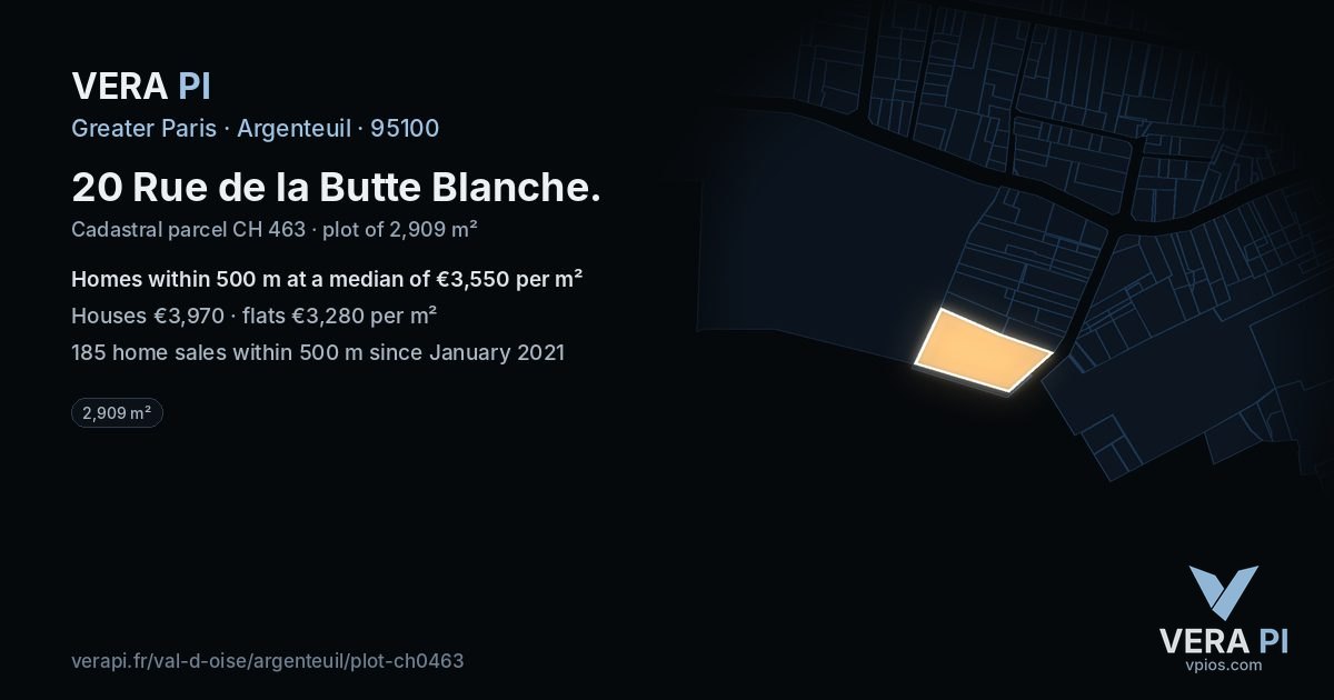 20 Rue de la Butte Blanche, Argenteuil at night – the plot lit, the parcels around coloured by the prices near them