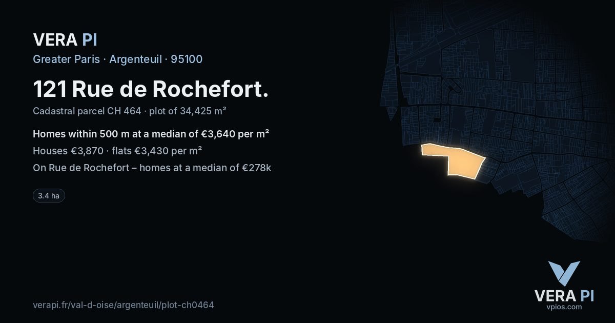 121 Rue de Rochefort, Argenteuil at night – the plot lit, the parcels around coloured by the prices near them