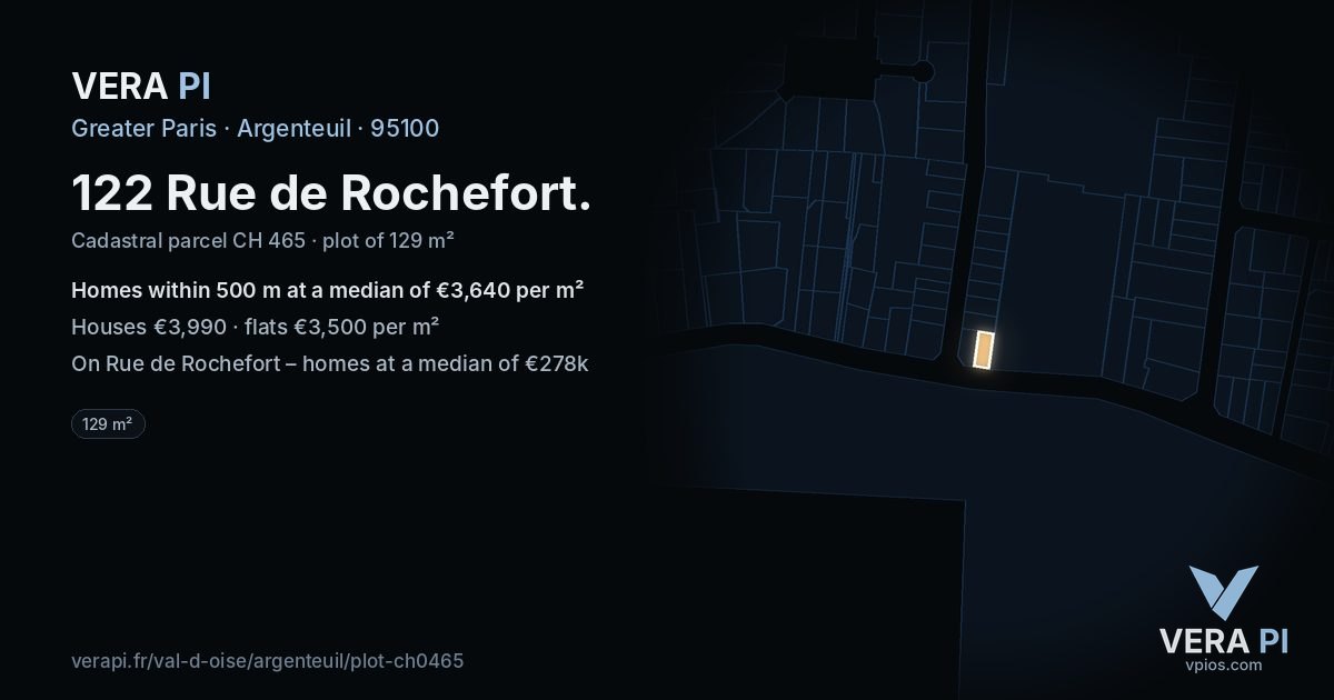 122 Rue de Rochefort, Argenteuil at night – the plot lit, the parcels around coloured by the prices near them