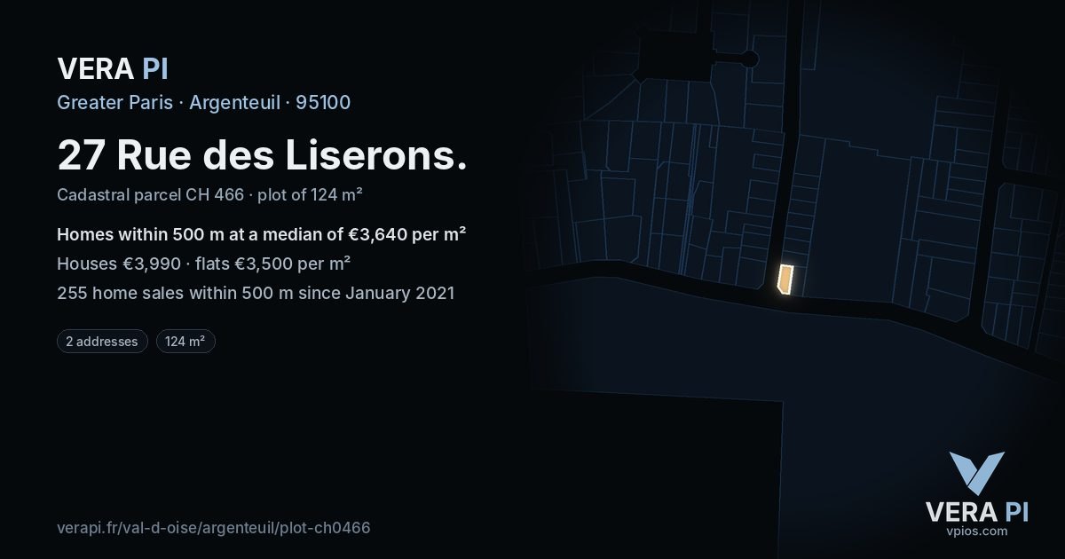 27 Rue des Liserons, Argenteuil at night – the plot lit, the parcels around coloured by the prices near them