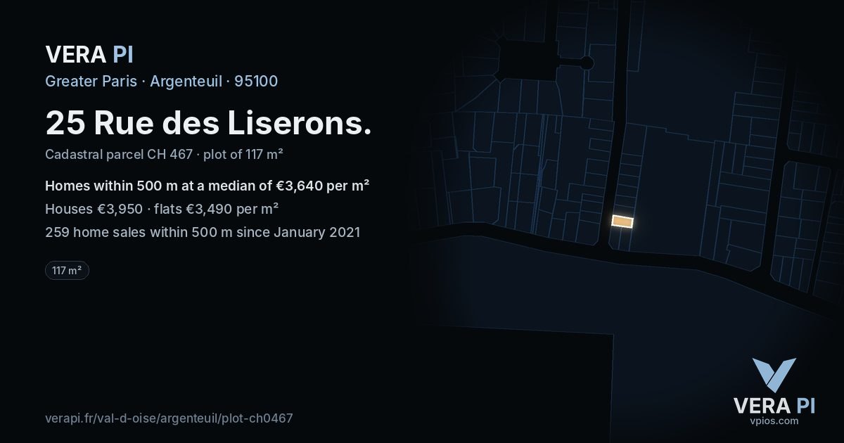 25 Rue des Liserons, Argenteuil at night – the plot lit, the parcels around coloured by the prices near them