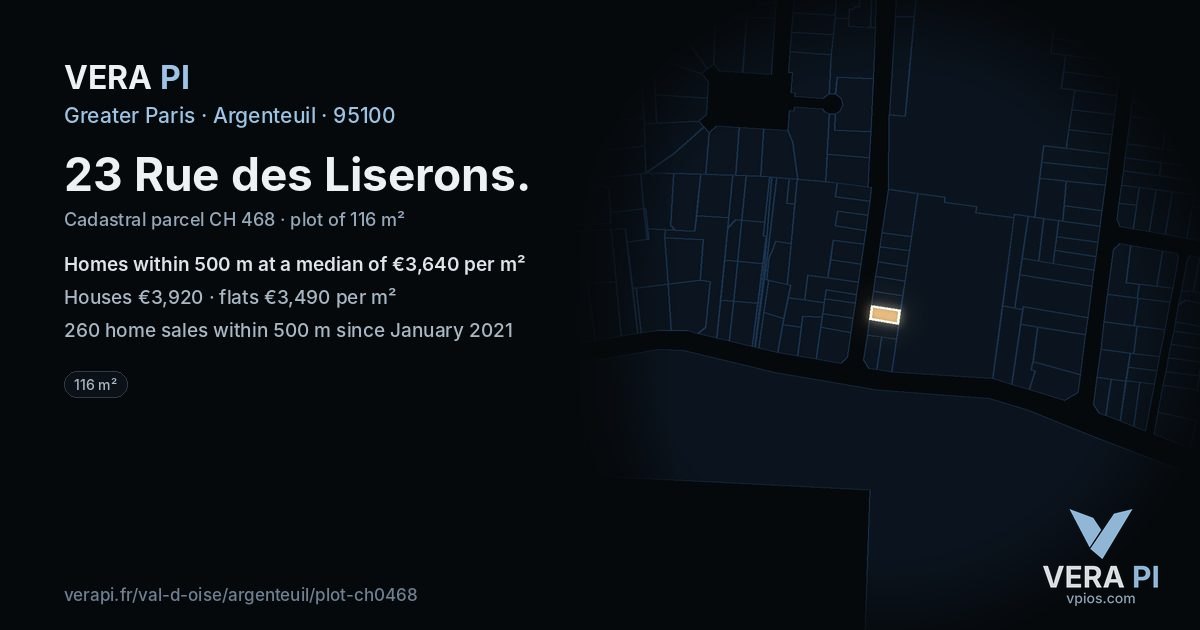 23 Rue des Liserons, Argenteuil at night – the plot lit, the parcels around coloured by the prices near them