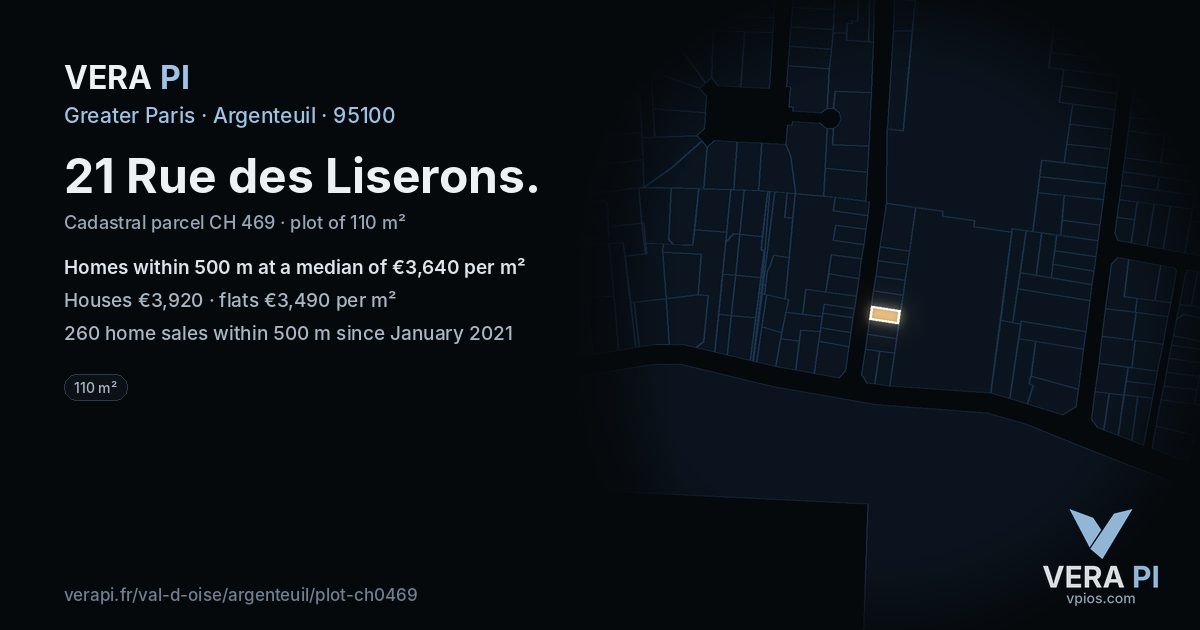 21 Rue des Liserons, Argenteuil at night – the plot lit, the parcels around coloured by the prices near them