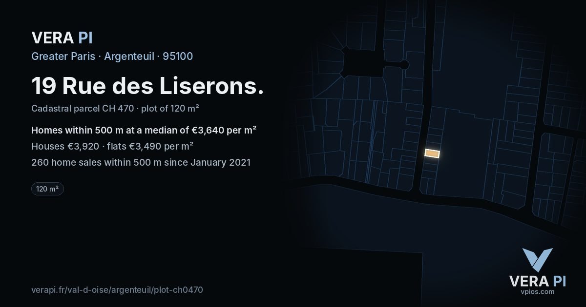 19 Rue des Liserons, Argenteuil at night – the plot lit, the parcels around coloured by the prices near them
