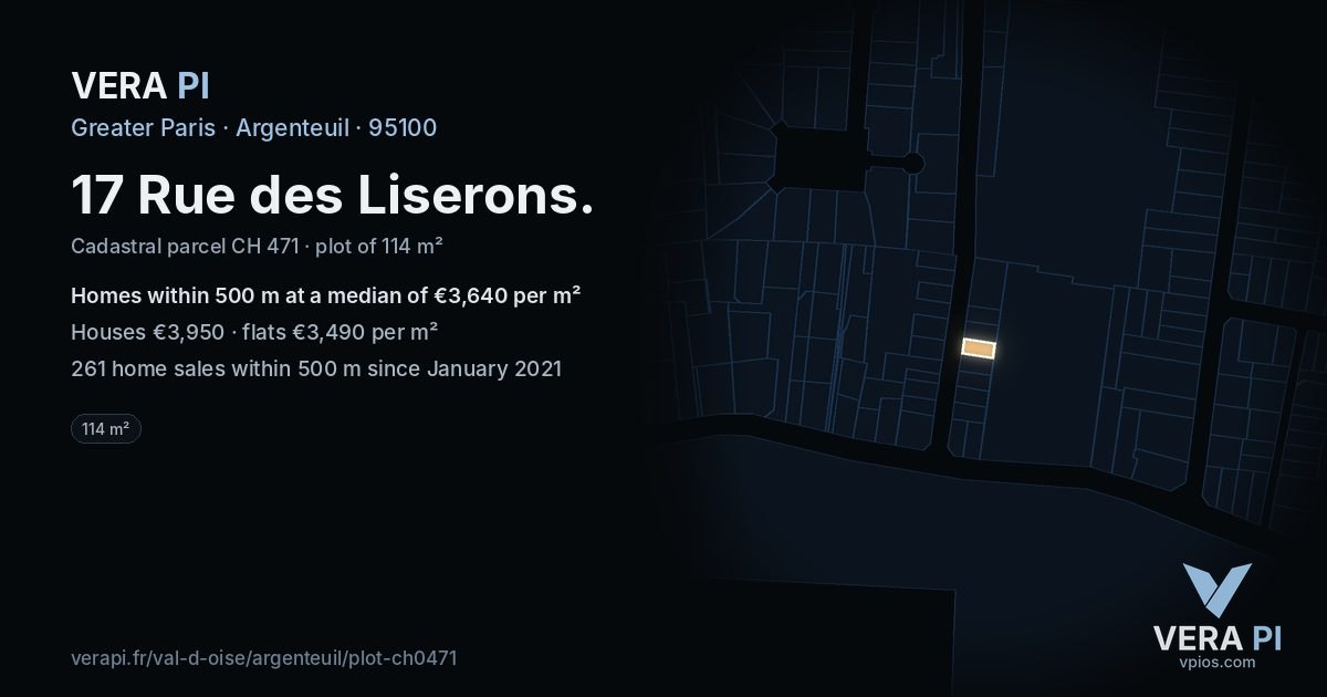 17 Rue des Liserons, Argenteuil at night – the plot lit, the parcels around coloured by the prices near them