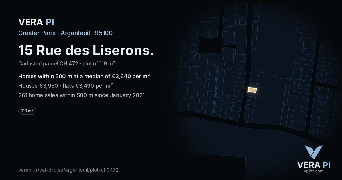 15 Rue des Liserons, Argenteuil at night – the plot lit, the parcels around coloured by the prices near them