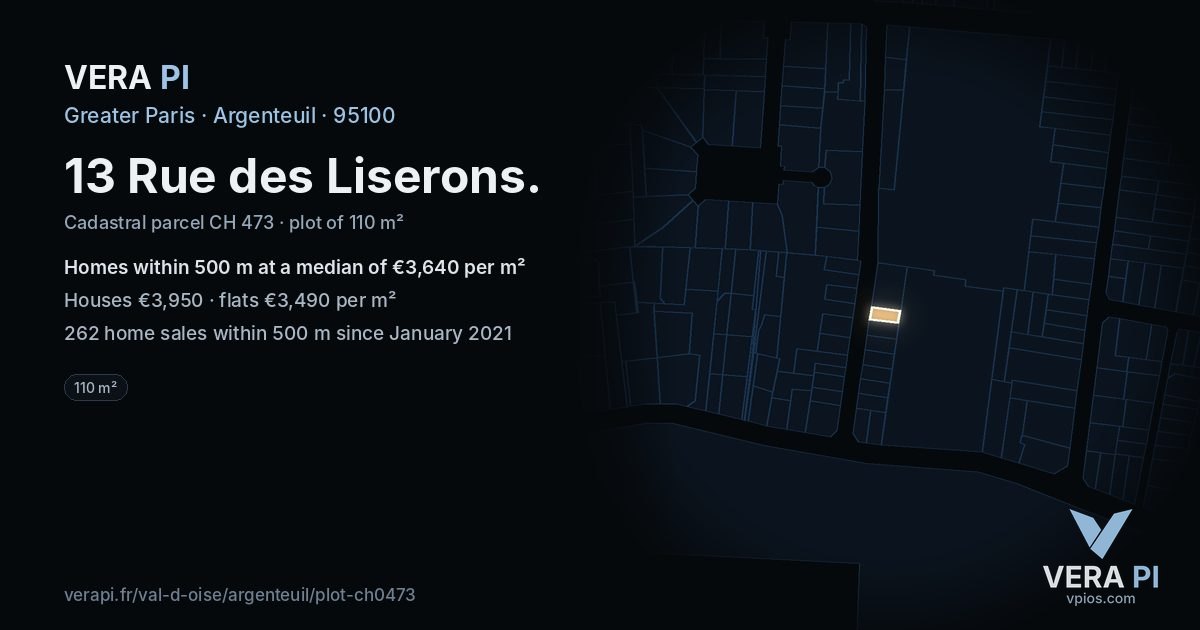 13 Rue des Liserons, Argenteuil at night – the plot lit, the parcels around coloured by the prices near them