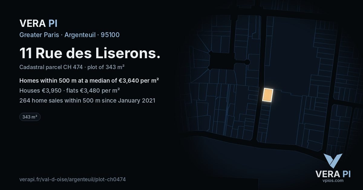 11 Rue des Liserons, Argenteuil at night – the plot lit, the parcels around coloured by the prices near them