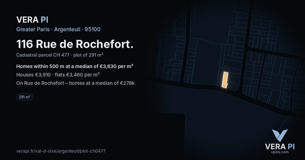 116 Rue de Rochefort, Argenteuil at night – the plot lit, the parcels around coloured by the prices near them