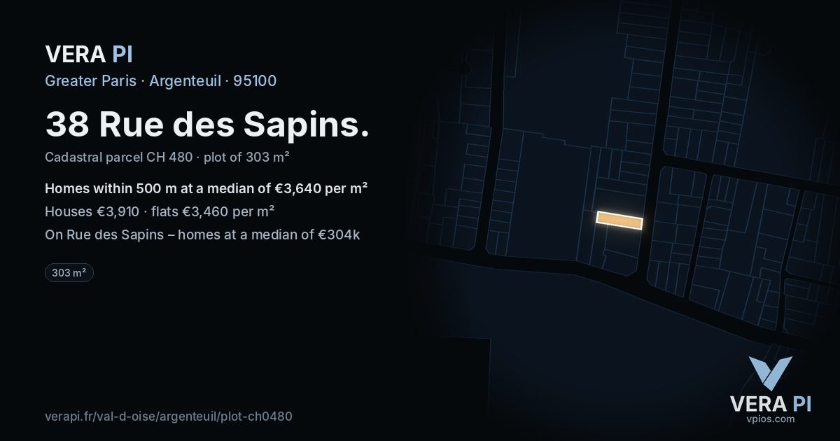 38 Rue des Sapins, Argenteuil at night – the plot lit, the parcels around coloured by the prices near them