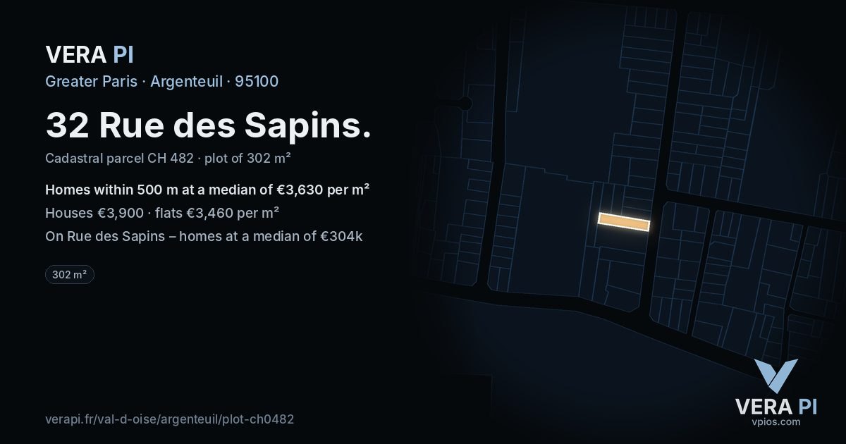 32 Rue des Sapins, Argenteuil at night – the plot lit, the parcels around coloured by the prices near them