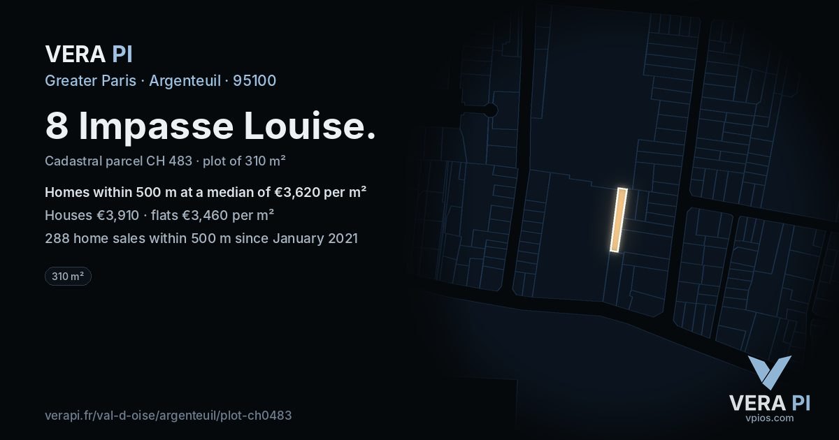 8 Impasse Louise, Argenteuil at night – the plot lit, the parcels around coloured by the prices near them