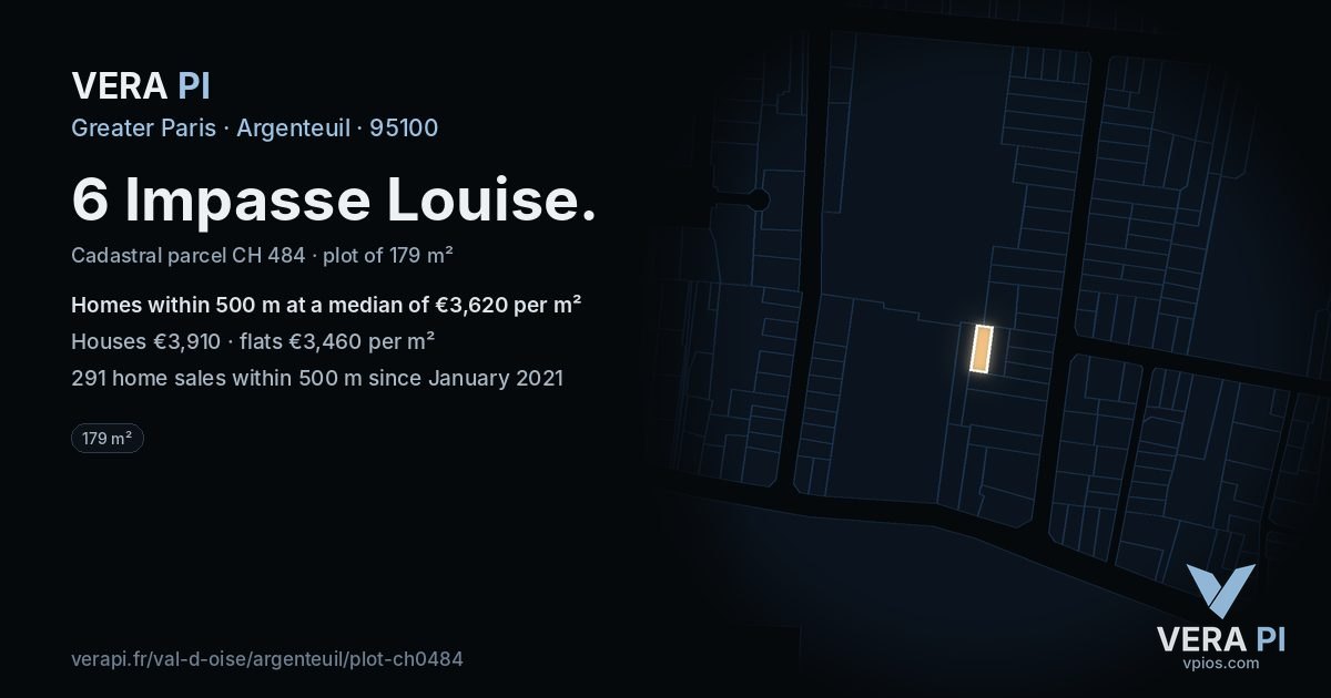 6 Impasse Louise, Argenteuil at night – the plot lit, the parcels around coloured by the prices near them