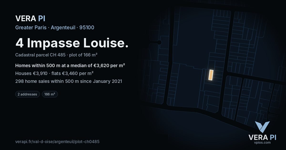 4 Impasse Louise, Argenteuil at night – the plot lit, the parcels around coloured by the prices near them