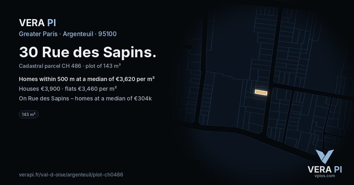 30 Rue des Sapins, Argenteuil at night – the plot lit, the parcels around coloured by the prices near them