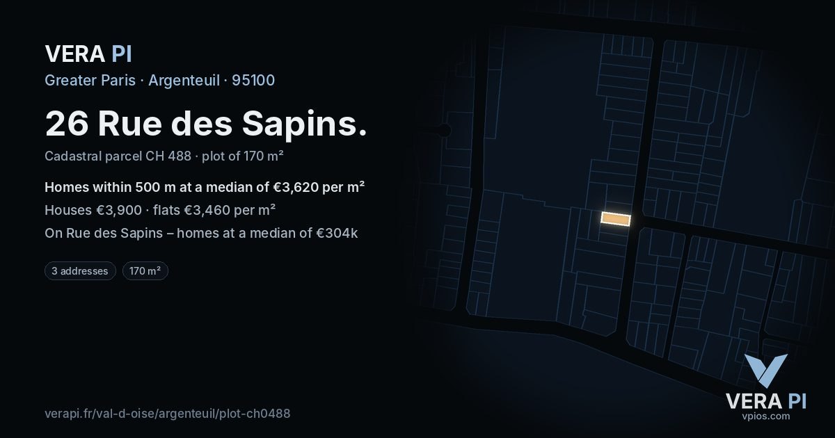26 Rue des Sapins, Argenteuil at night – the plot lit, the parcels around coloured by the prices near them