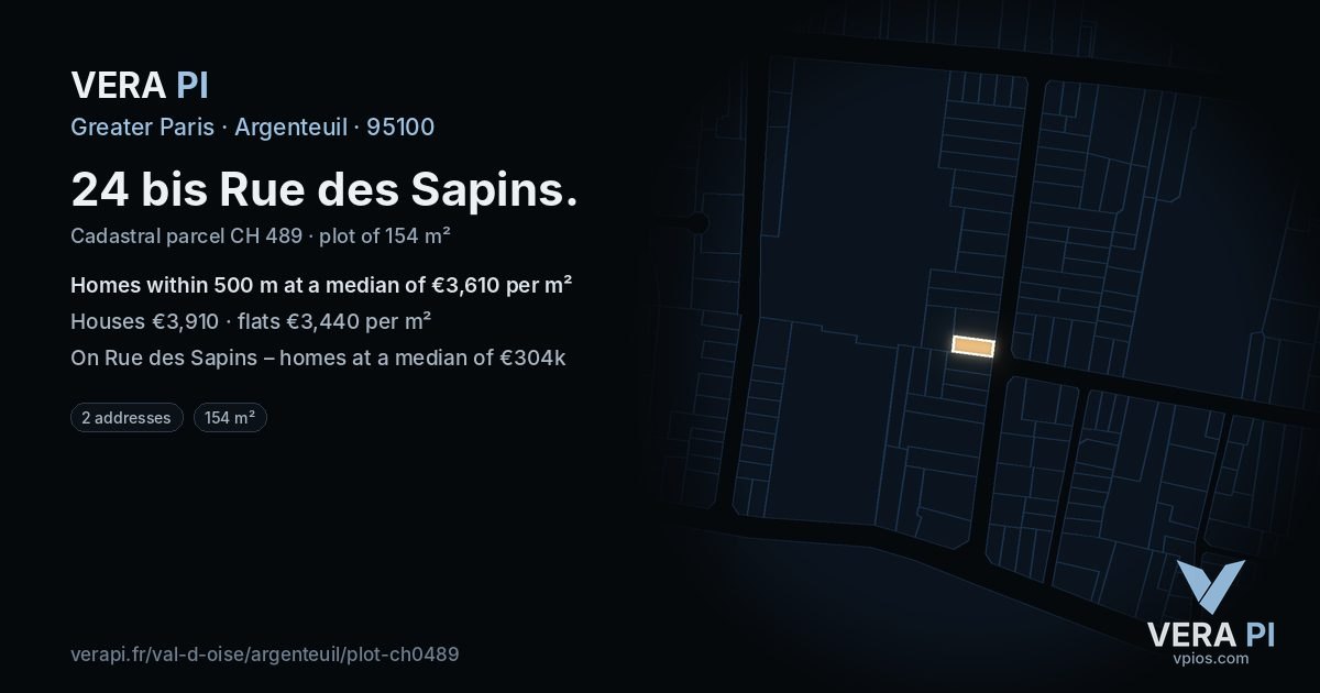 24 bis Rue des Sapins, Argenteuil at night – the plot lit, the parcels around coloured by the prices near them