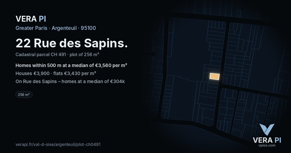 22 Rue des Sapins, Argenteuil at night – the plot lit, the parcels around coloured by the prices near them