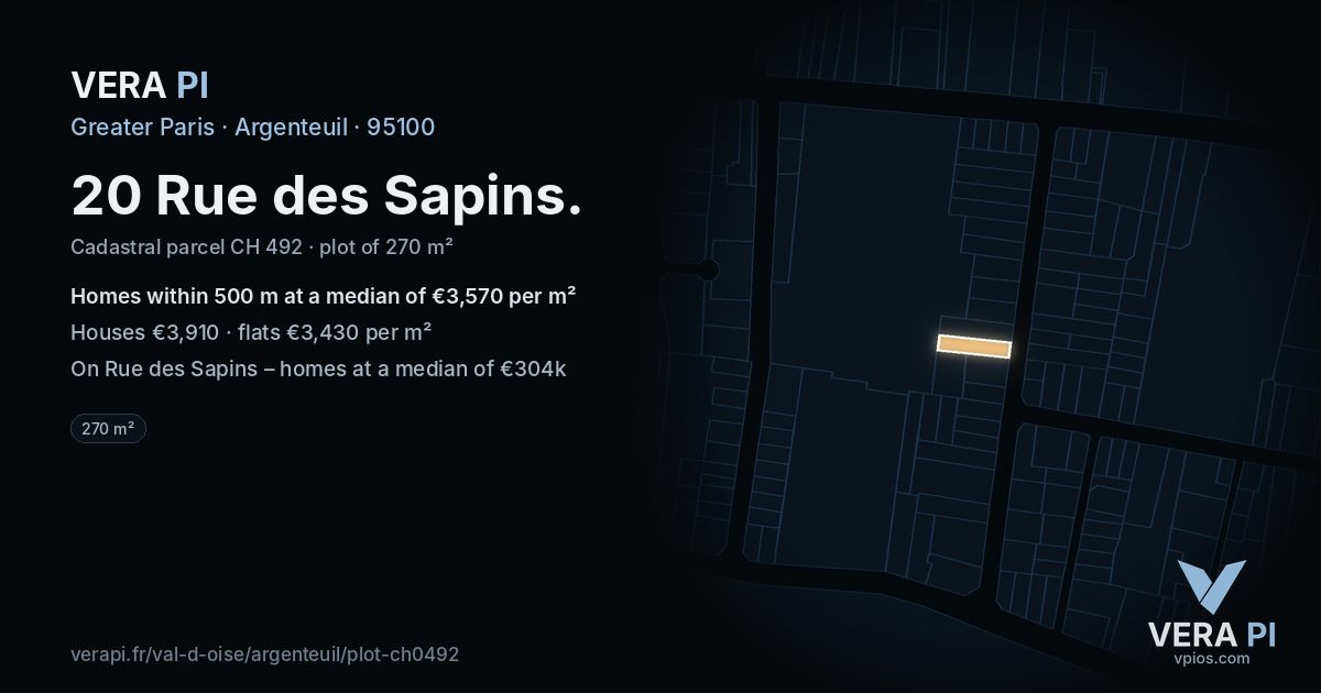 20 Rue des Sapins, Argenteuil at night – the plot lit, the parcels around coloured by the prices near them