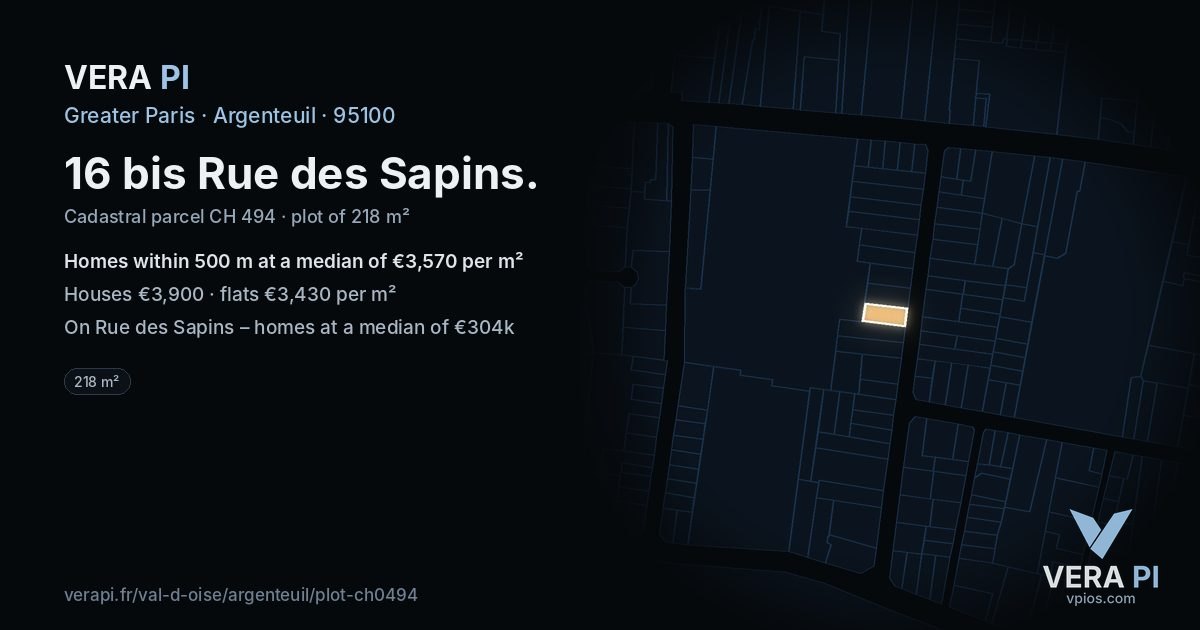 16 bis Rue des Sapins, Argenteuil at night – the plot lit, the parcels around coloured by the prices near them